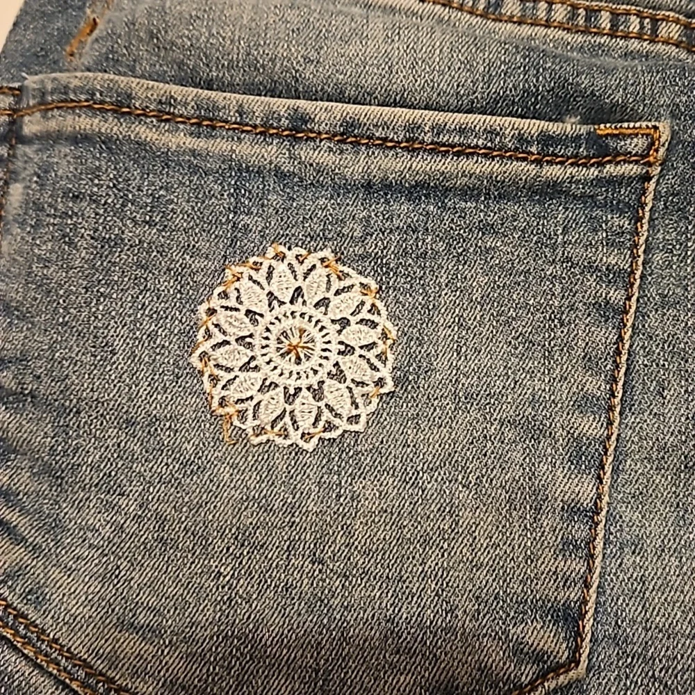 Hand Crafted Upcycled Denim Crochet Shorts Granny Square Handmade High rise 29 - Picture 12 of 17